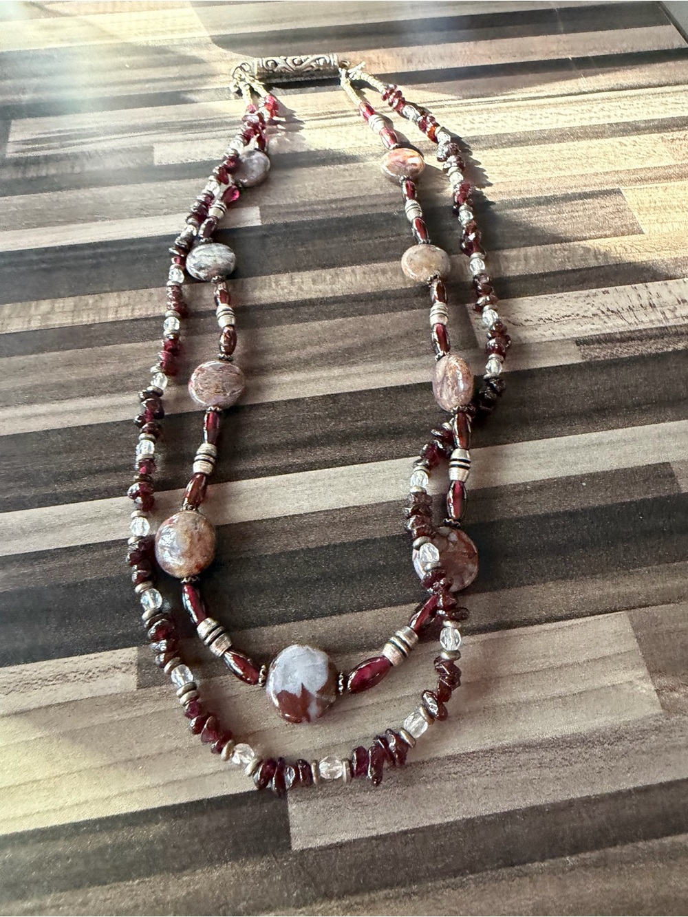 Vintage Sterling Silver Garnet & Agate Beaded  Double Strand 18” Necklace